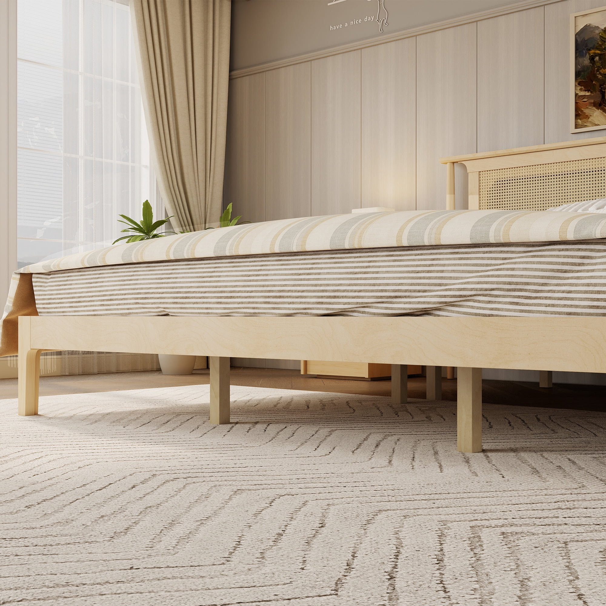 Mintazer Vintage King Size Pine Platform Bed Frame with Rattan Headboard for Bedroom,No Box Spring Needed, Natural