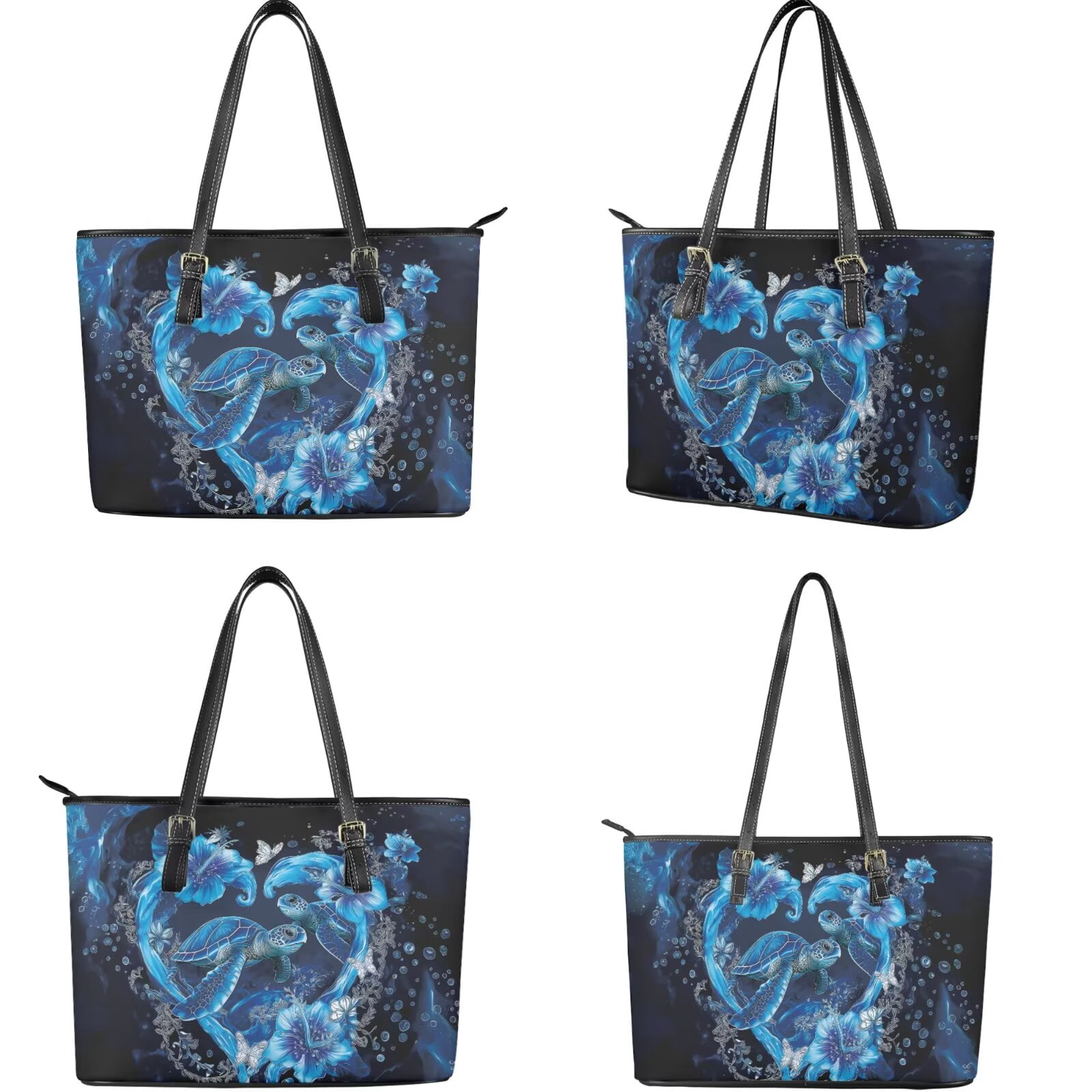 TSOVTHRID Sea Turtle Hibiscus Floral Print Tote Bags for Women Black Top Handle Satchel Purses Set PU Leather Women's Tote Shoulder Bag with Matching Wristlet Wallet