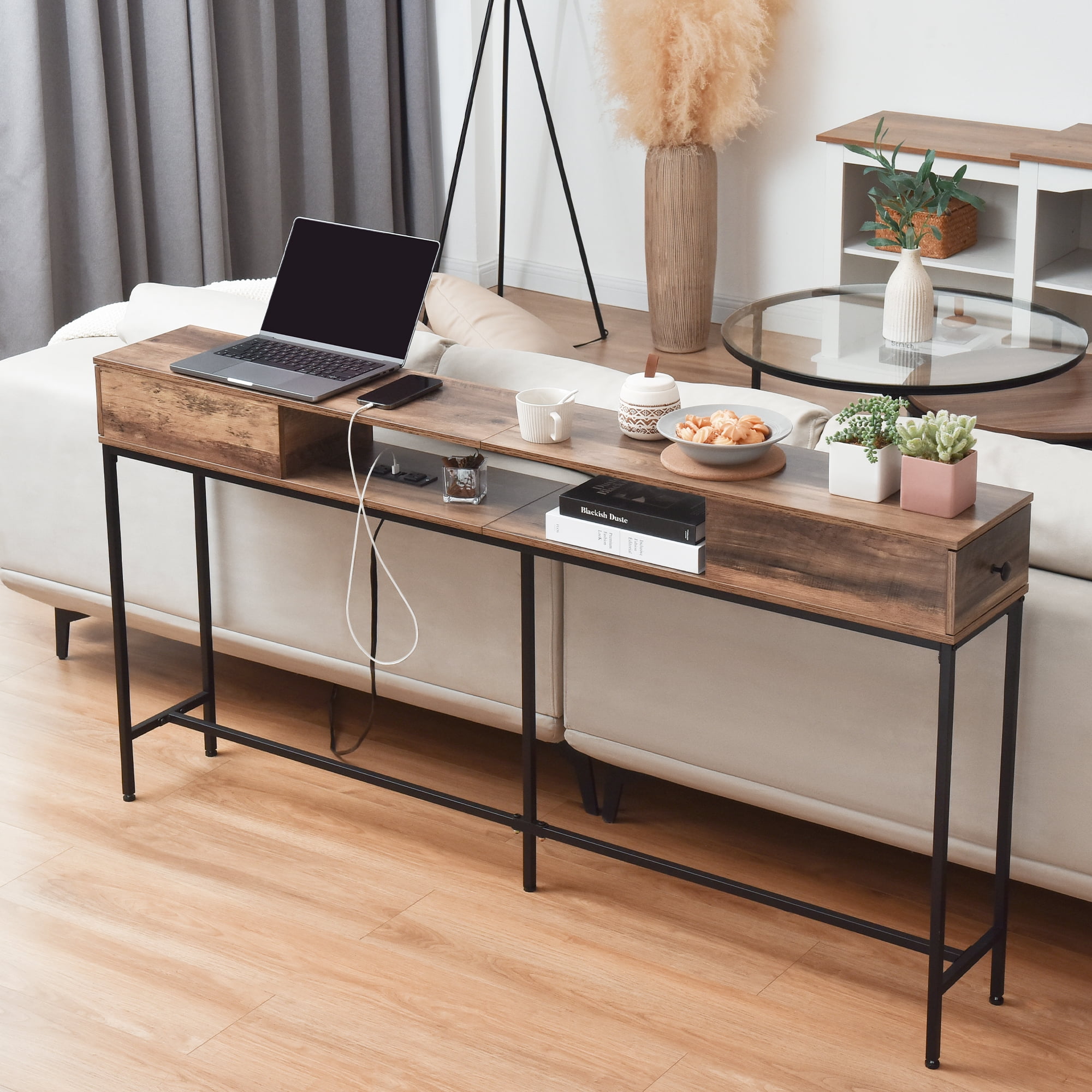 63" Console Table with Drawers and Outlets, Black