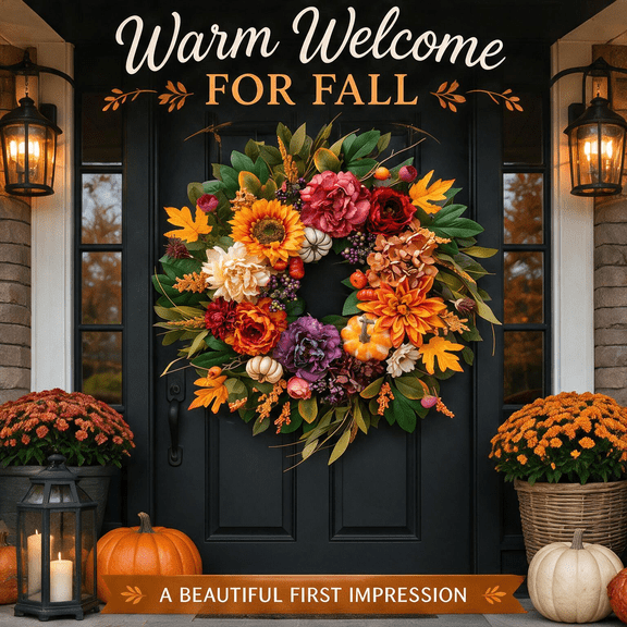 24 Inch Fall Wreath for Front Door, Artificial Pumpkin Wreath with Peonies, Hydrangeas, Sunflower, Berries and Maple Leaves, Thanksgiving Farmhouse Porch Decor