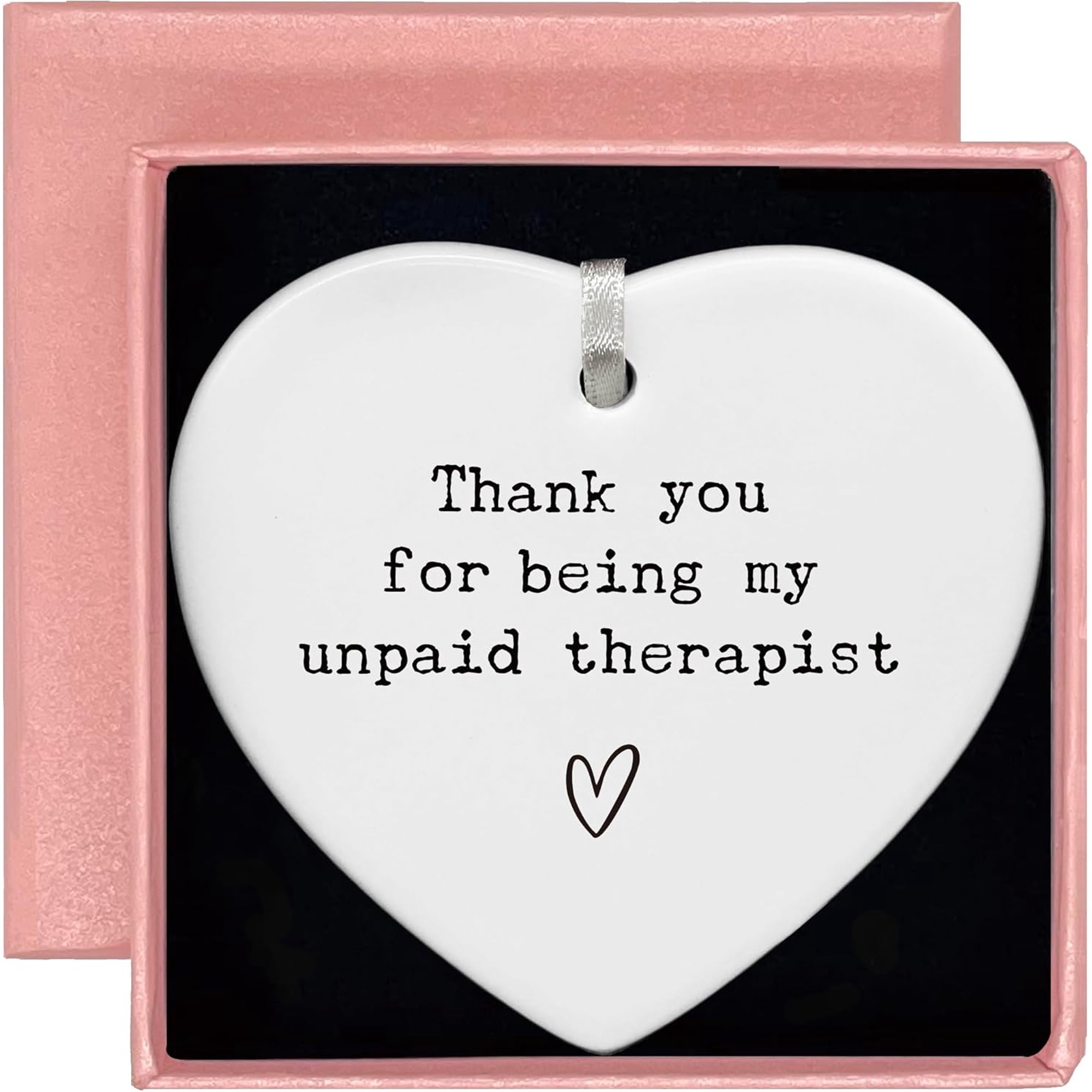 UCEI Funny Friend Gift Heart Shaped Ceramic Ornament - Thank You For Being My Unpaid Therapist Keepsake Best Friend Appreciation Hanging Plaque Humorous White Gift with Ribbon & Pink Gift Box