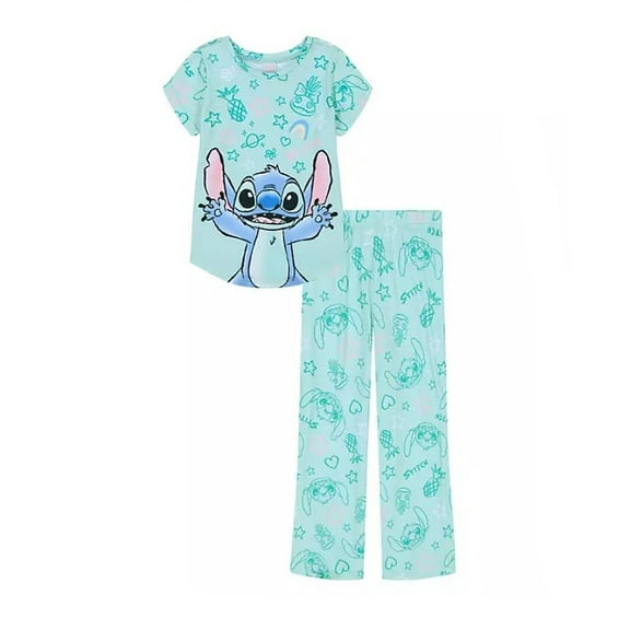 Girl's Stitch Alien and Motif Print Blue Character Short-Sleeved Pajama Set, Size 4