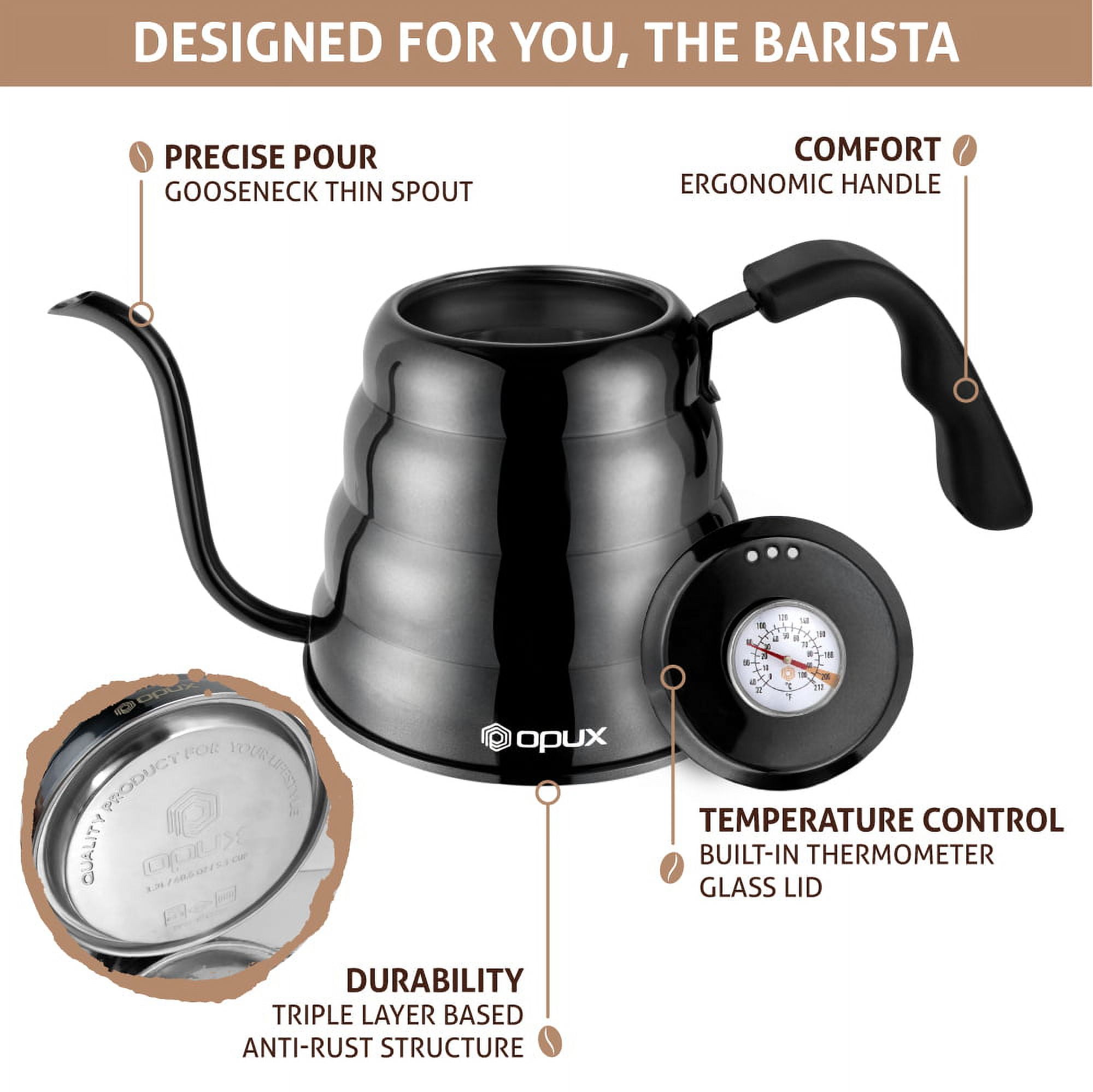 OPUX Gooseneck Kettle for Pour Over Coffee Copper Kettle for Coffee Tea with Thermometer