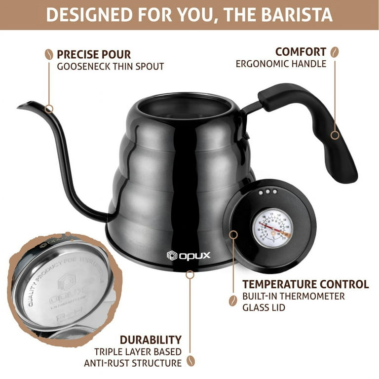OPUX Pour Over Coffee Kettle with Gooseneck  Stainless Steel Coffee Tea  Kettle with Thermometer 40 oz, Stovetop Induction Goose Necked Kettle Slow  Pour Drip Spout (1.2 Liter, 40 fl oz) Black 