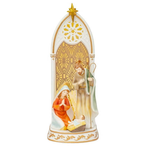 Gold Toned Holy Family Nativity 14 x 6.5 Porcelain Decorative Lighted Table Top Figurine