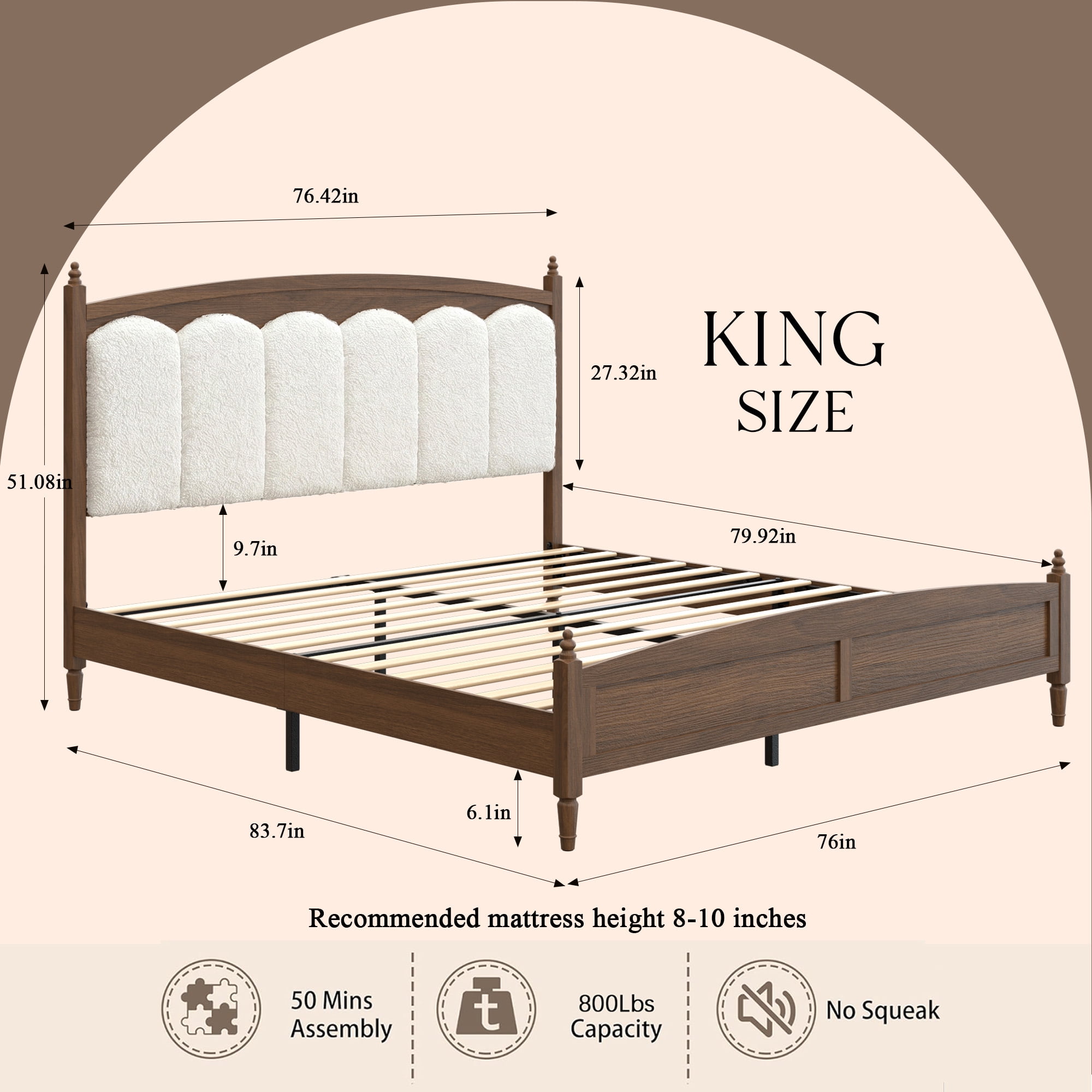 BSHTI King Size Platform Bed with Fabric Upholstered Headboard – Farmhouse Style Brown Engineered Wood – No Box Spring Needed, Noise-Free, Easy Assembly for Bedroom(Brown)