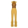 thumbnail image 3 of Womens Dance Leotard Shiny Rhinestone O-Ring Front Tiered Bell-Bottom Bodysuit for Disco Party Gold M, 3 of 7