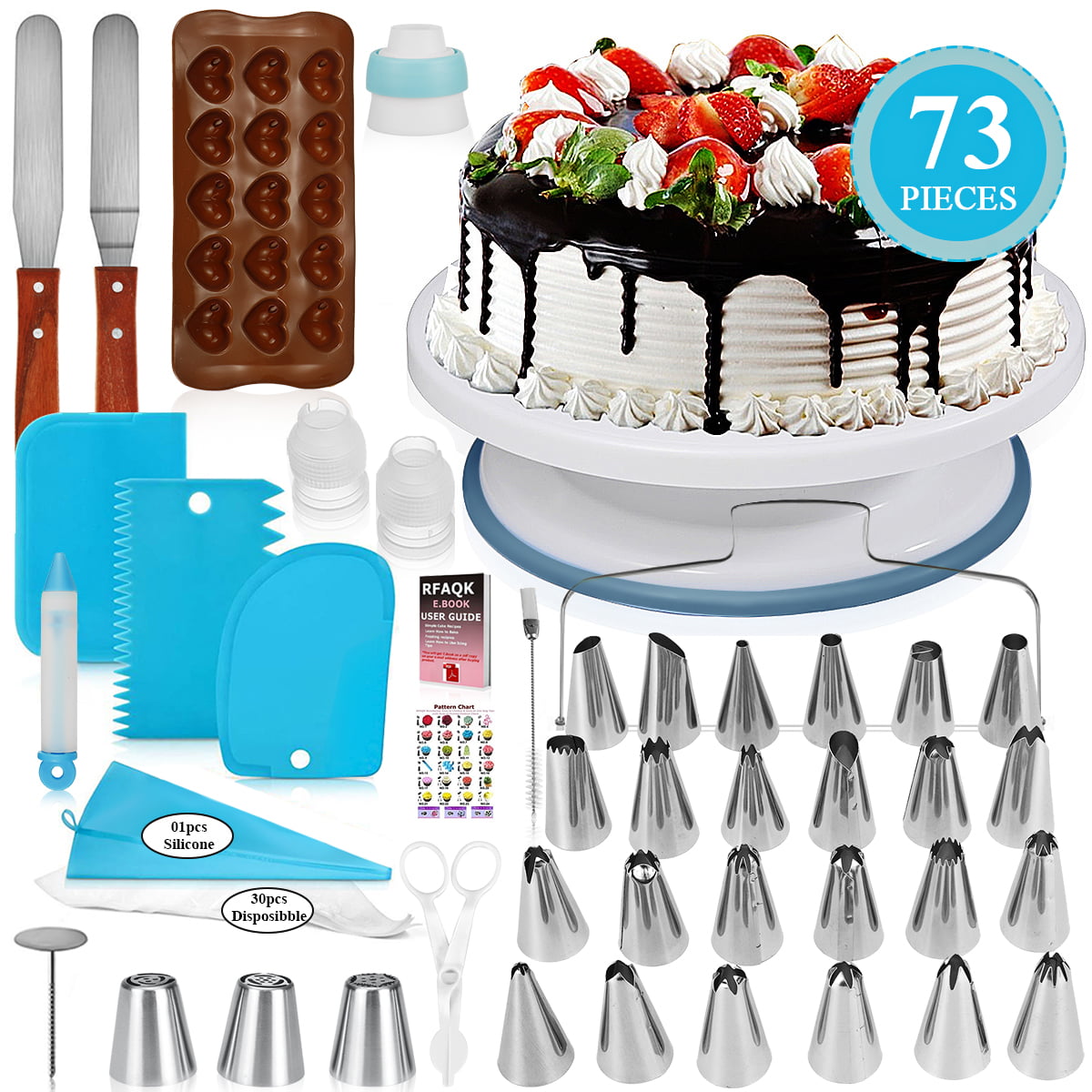 70 Turntable-Rotating Cake stand-24 Numbered Easy to use Icing Tips with Pattern Chart and E.Book-Straight and Angled Spatula-3 Cake Scrapers 70 Pcs Cake Decorating Equipment