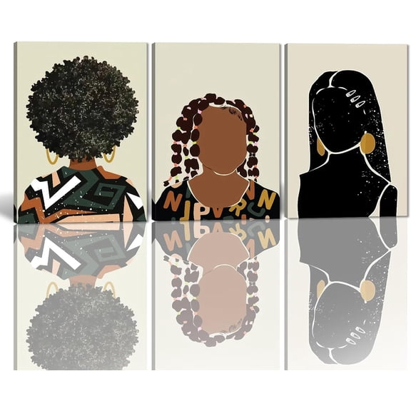 Hieng 3 Panels Abstract Black Woman Wall Art Modern American African Canvas Prints Painting for Living Room Bedroom Office - 12"x16"x3pcs