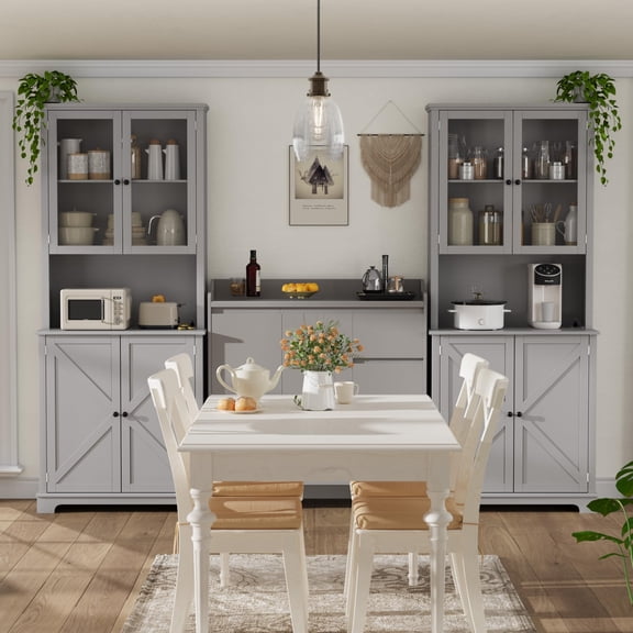 72" Tall Kitchen Pantry Cabinet with Glass Doors & Charging Station – Freestanding Storage Hutch with LED Lights, Open Counter Shelf & Double Lower Doors for Dining or Living Room