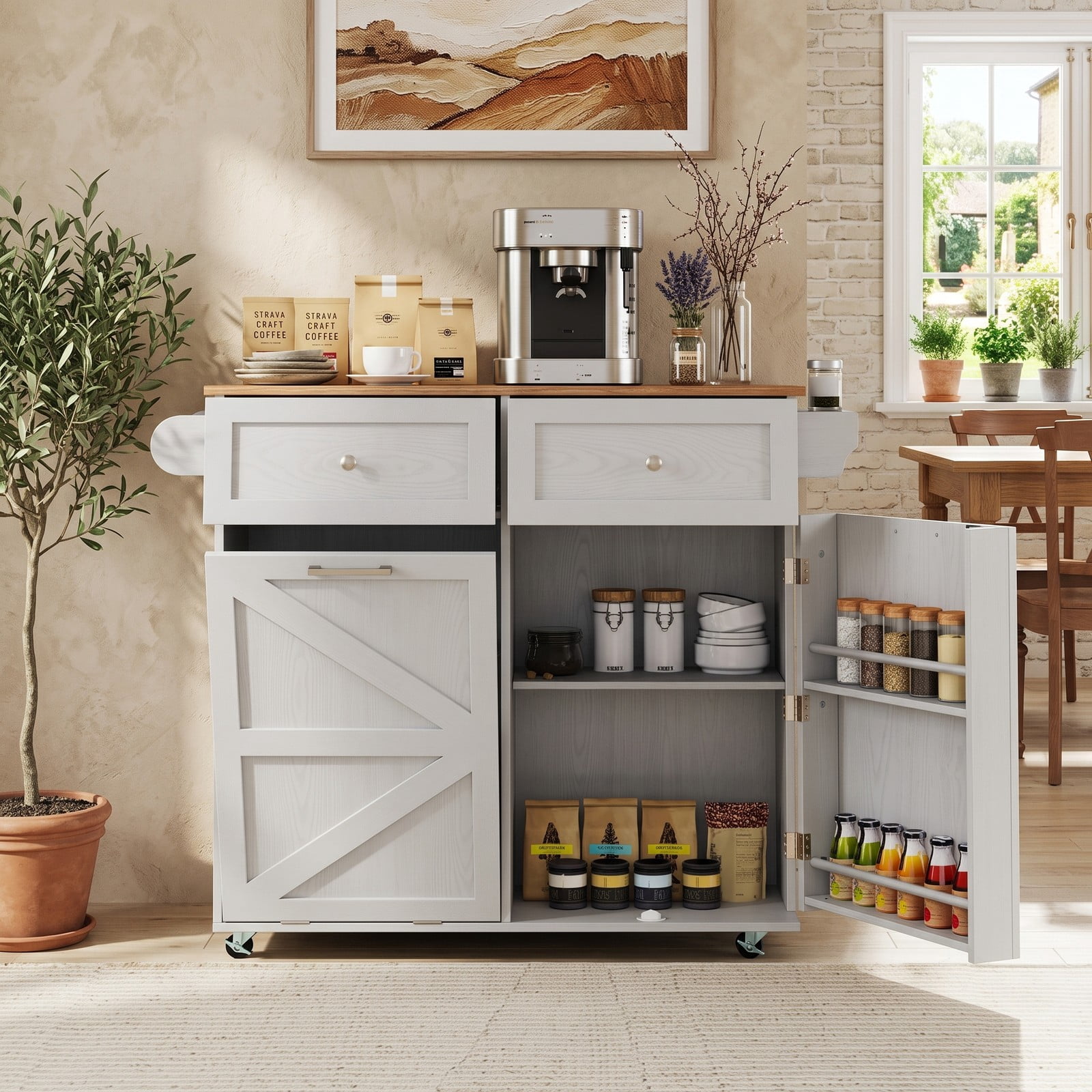 Furnibear Rolling Kitchen Island with Trash Can Cabinet, Drop Leaf Kitchen Cart with 2 Drawers, Spice and Towel Rack, Rubber Universal Wheels for Dining Room, Grey