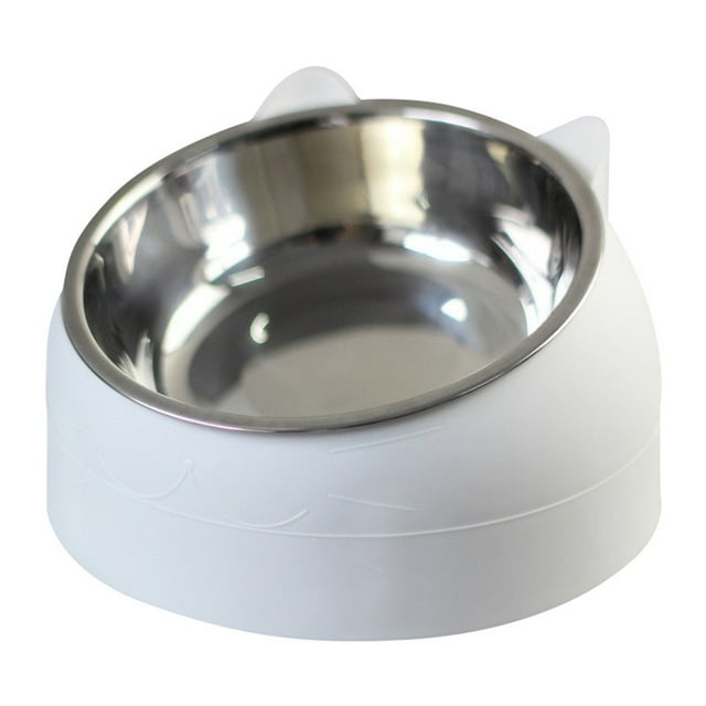 Cuenco de agua y comida para mascotas de acero inoxidable desmontable antideslizante con forma de dibujos animados para perros y gatos, color blanco con forma de gato.