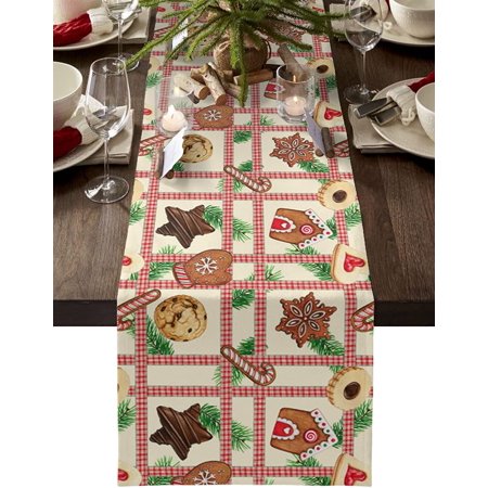 

Christmas Table Runner 90 inches Long Gingerbread Cookies Plaid Kitchen Table Runner for Dining Table Cotton Linen Table Runners for Party Home Decoration 13x90in