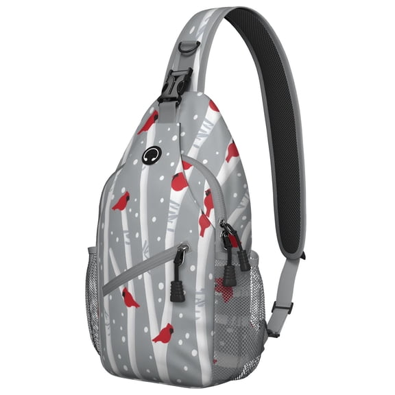 Sling Backpack,Gray Christmas Cardinal Bird Pattern Sling Bag with Water Bottle Holder,Waterproof Sling Bag for Men/Women with Headphone Jack for Hiking,Travel