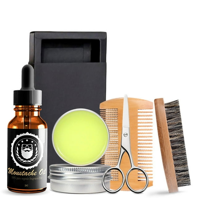 Set de 5 piezas para barba de hombre: crema para barba, aceite para barba, peine de doble cara, cepillo y tijeras para barba.
