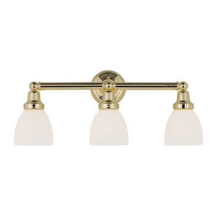 

Bathroom Vanity 3 Light With Satin Opal White Glass Polished Brass size 24.25 in 300 Watts - World of Crystal