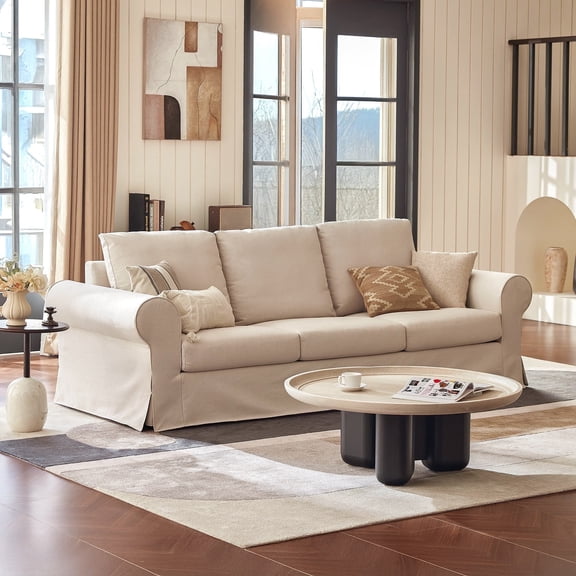 Vorthio 3-Seater Sofas, 89"Washable Slipcover Couch, Classic Sofa with Roll Arm for Living Room, Beige