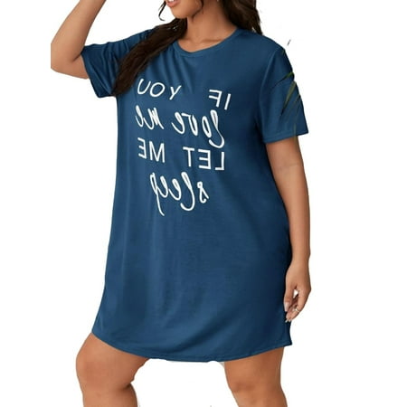 

Casual Slogan Round Neck Sleepshirts Navy Blue Short Sleeve Plus Size Nightgowns & Sleepshirts