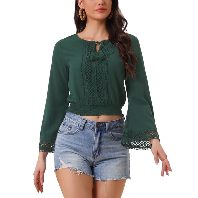INSPIRAR CHIC Blusas de Mujer con Mangas de Campana, Encaje Boho, Cintura Fruncida, Blusa Campesina Verde Profundo XS