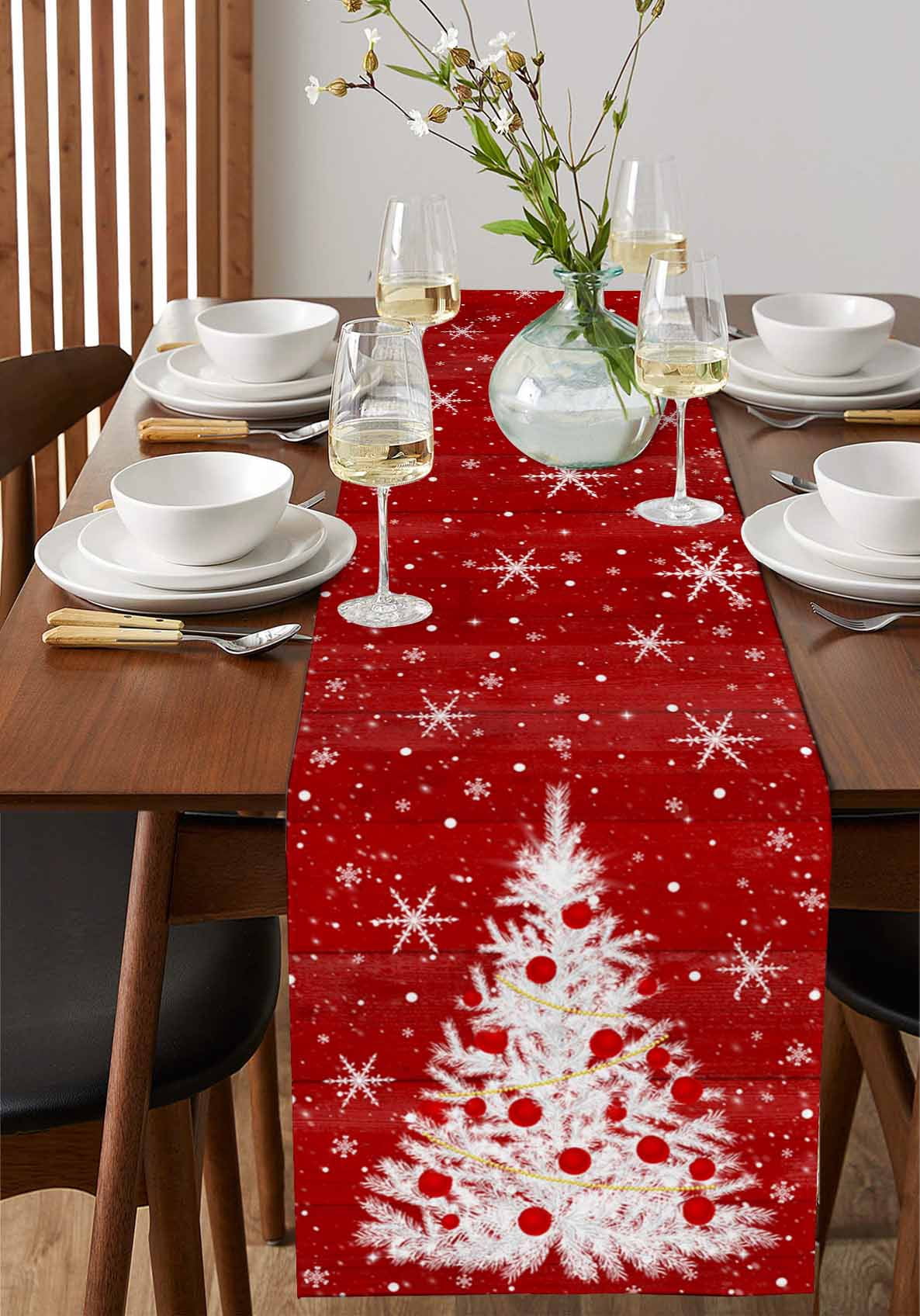 Ldtrchee Red Christmas Tree Table Runner 72 Inches, Vintage Balls Snowflake Xmas Tree Bed Runner Dresser Scarves Tabletop for Indoor Outdoor Parties/Ceremony/Banquet, 16" x 72"