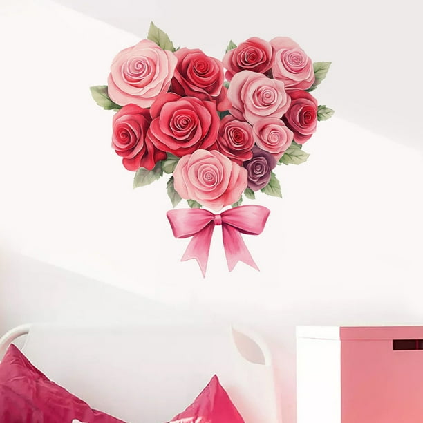 Adhesivos de pared autoadhesivos de PVC con forma de corazón de rosa, diseño floral, 30 x 30 cm