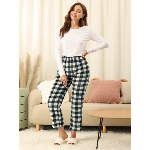 Pantalones de pijama de lana a cuadros para mujer, invierno grueso