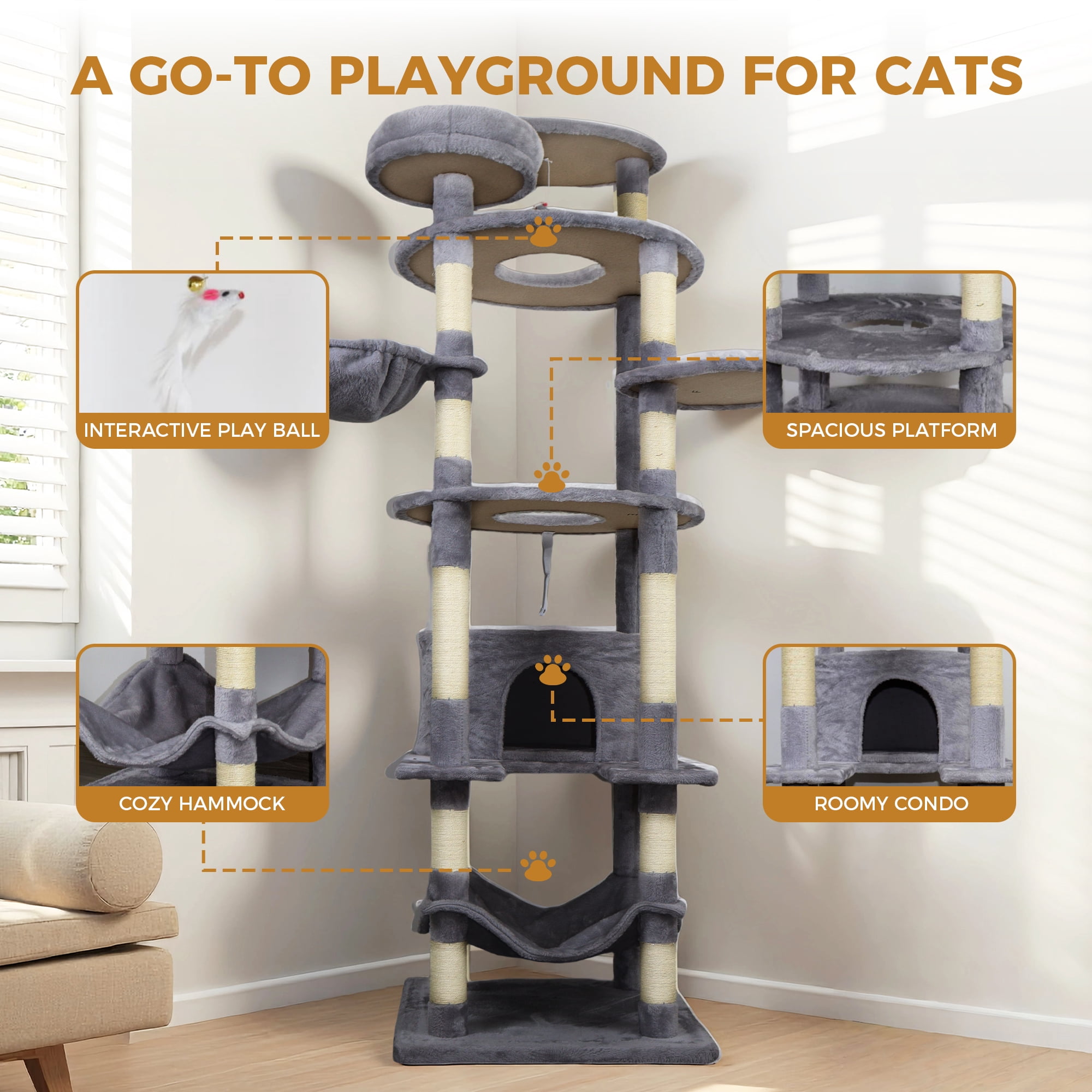 78.8in Dark Gray Cat Tree Tower with Wide Base, Large Condo, 12 Sisal Scratching Post, Big Hammock, Large Top Platform, Many Landing Perch and Interactive Toy