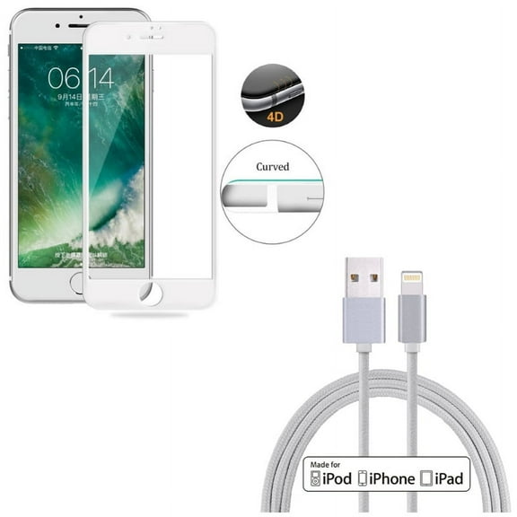 iPhone 8/7/6S/6 - Tempered Glass Screen Protector w 6ft MFi USB Cable - 4D Touch Curved Edge Full Cover Bubble Free Case Friendly, Certified Charger Cord Power Wire Braided for iPhone 8/7/6S/6