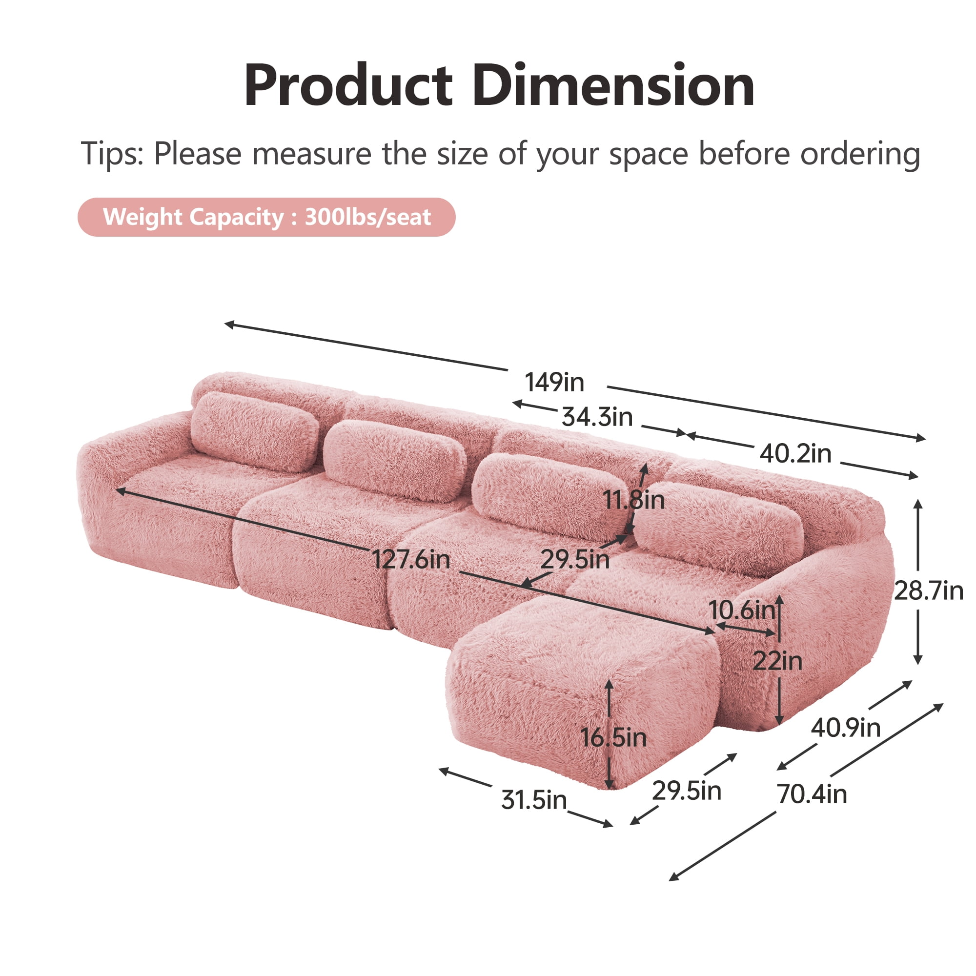 Wakefit 149" Modular Sectional Sofa, Boneless Couche 4 Seater Deep Seat Compressed Sofa, No Assembly Required, Soft Fluffy Plush Fabric, Cloud Comfy Sofa Set with 1 Ottoman, Pink