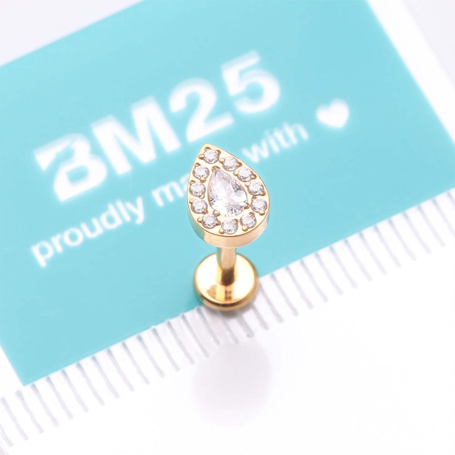 Implant Grade Titanium Golden Brilliant Teardrop Sparkle Internally Threaded Flat Back Stud Labret