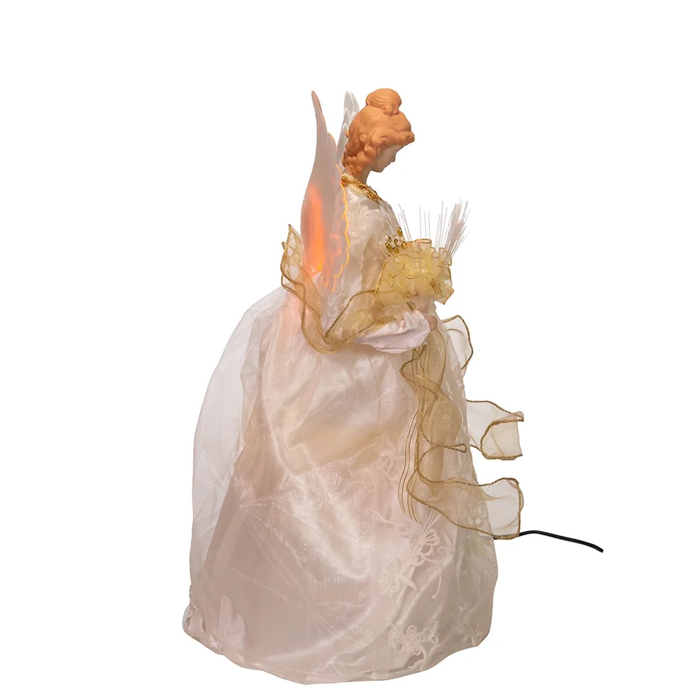 Kurt Adler 14" Fiber Optic Angel Tree Topper - Ivory & Gold, LED-Animated With Feather Wings