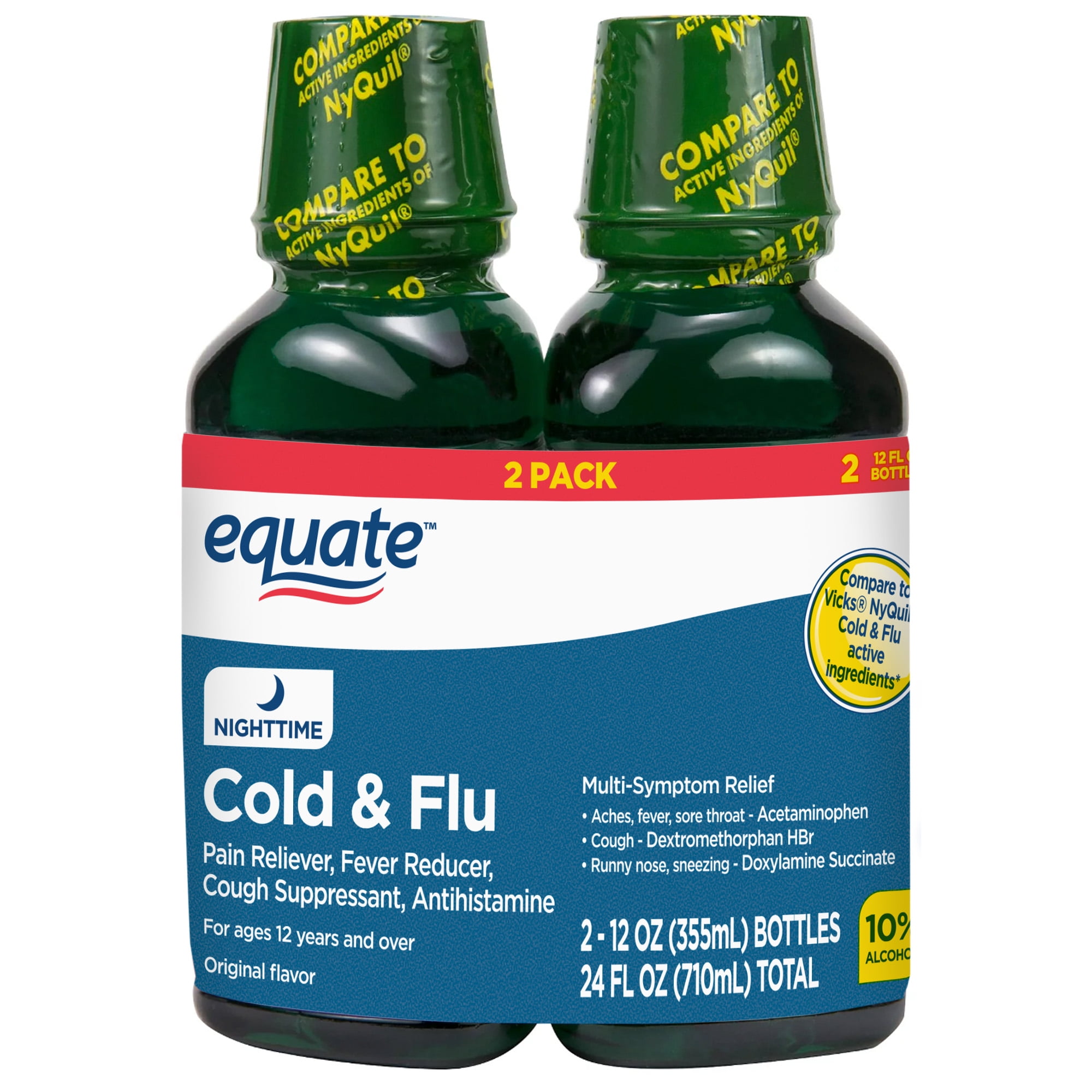 Equate Nighttime Cold and Flu Relief Liquid, Original Flavor, 24 fl oz (2x12 fl oz), Compare to Vicks® Nyquil® Cold & Flu Active Ingredients