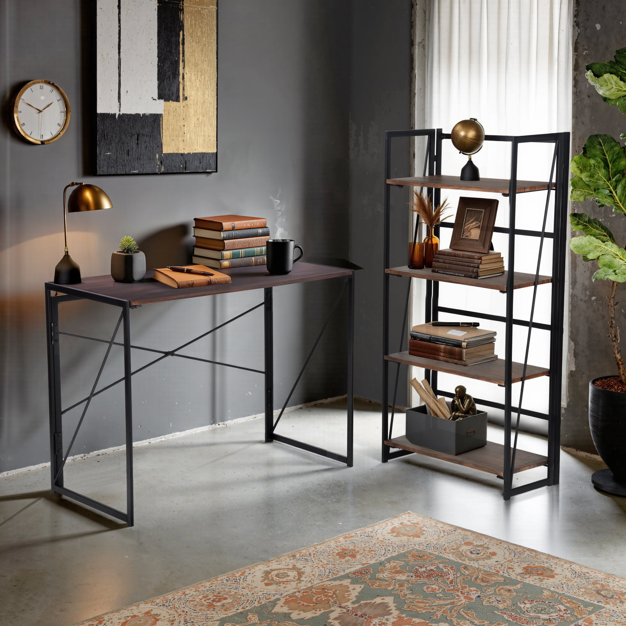 Homy Casa 39.4" Folding Table, Dark Walnut Wood Tabletop with Black Metal Frame for Small Spaces