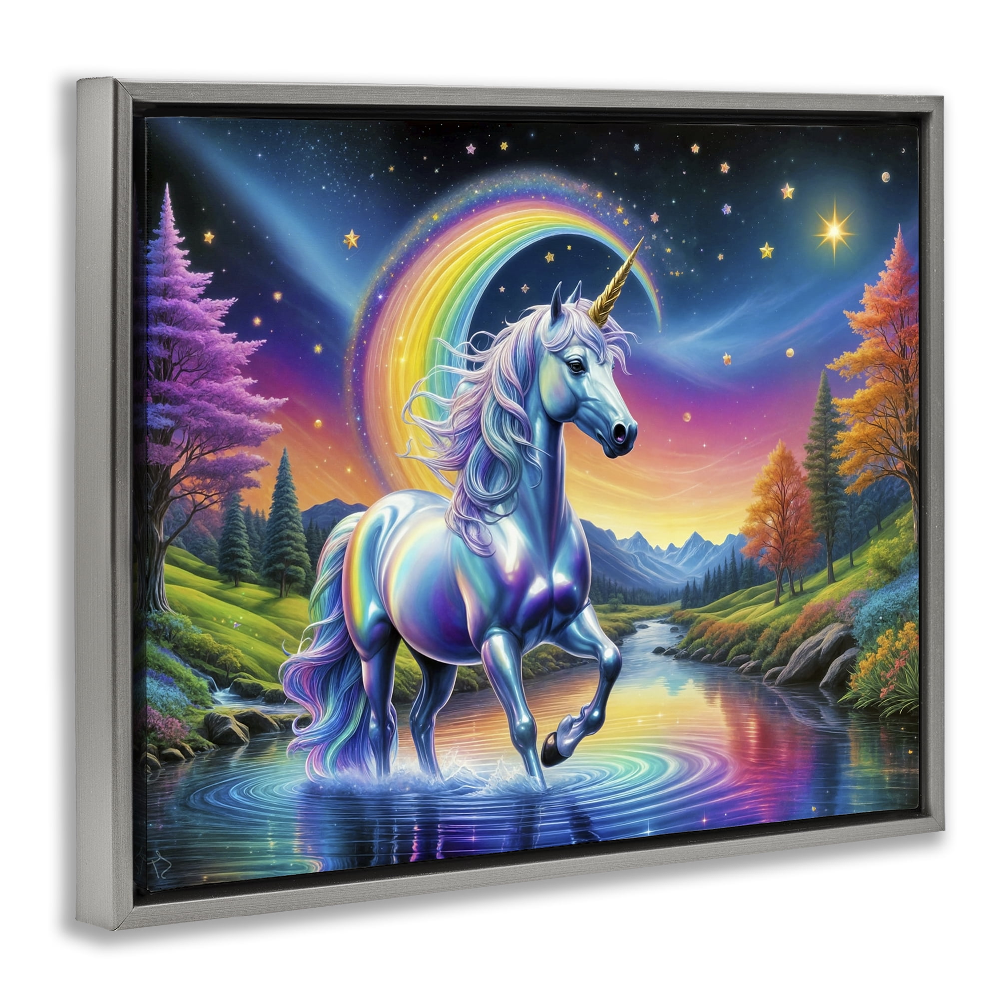 Stupell Industries Rainbow Prism Unicorn Gray Framed Floater Canvas Wall Art, design by Tabz Jones