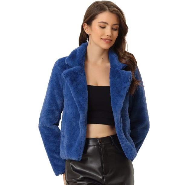 Abrigo mullido Allegra K de piel sintética con solapa de muesca chaqueta recortada Otoño Invierno Azul Real M