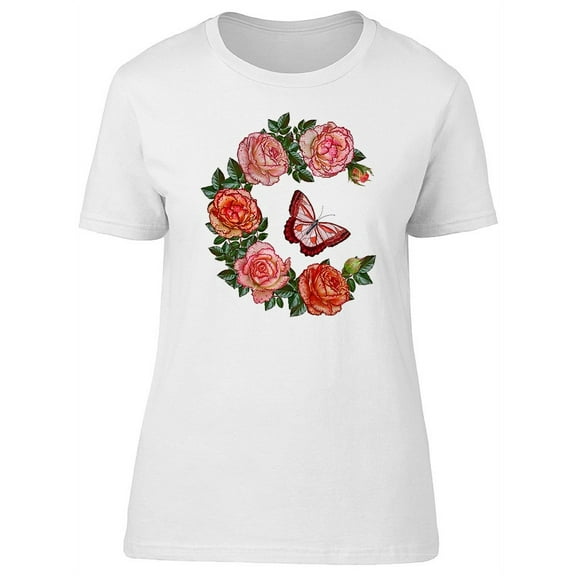Cute Butterfly And Pink Flowers T-Shirt Women -Image by Shutterstock, Female x-Large