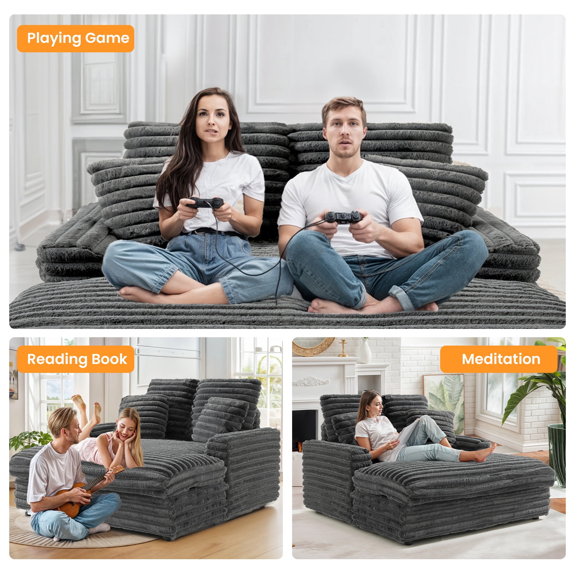 Oversized Chaise Lounge Chair Indoor, Upholstered Sofa Bed with Throw Pillows and Armrests, Sleeper Chair for Living Room, Bedroom,Light Grey
