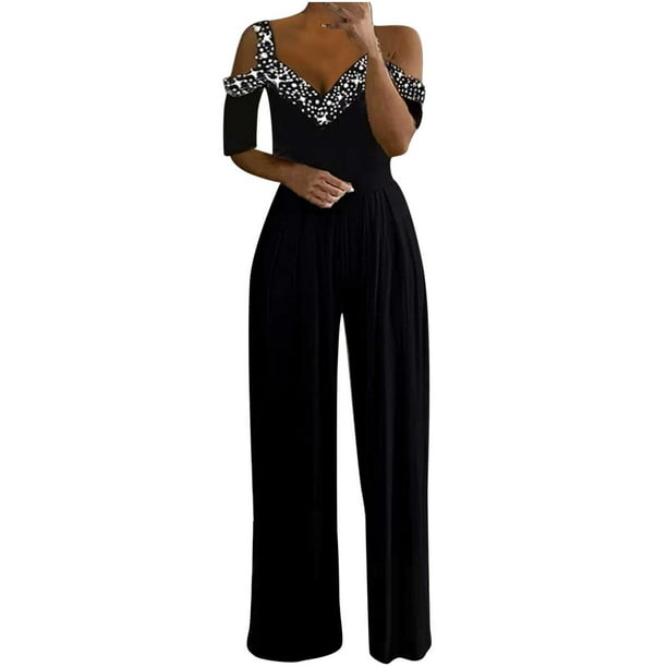 Dressy Jumpsuits for Women Fashion Classy Sparkly Cold Shoulder V-Neck Wide  Legged Rompers Pant Wedding Guest Party Outfit