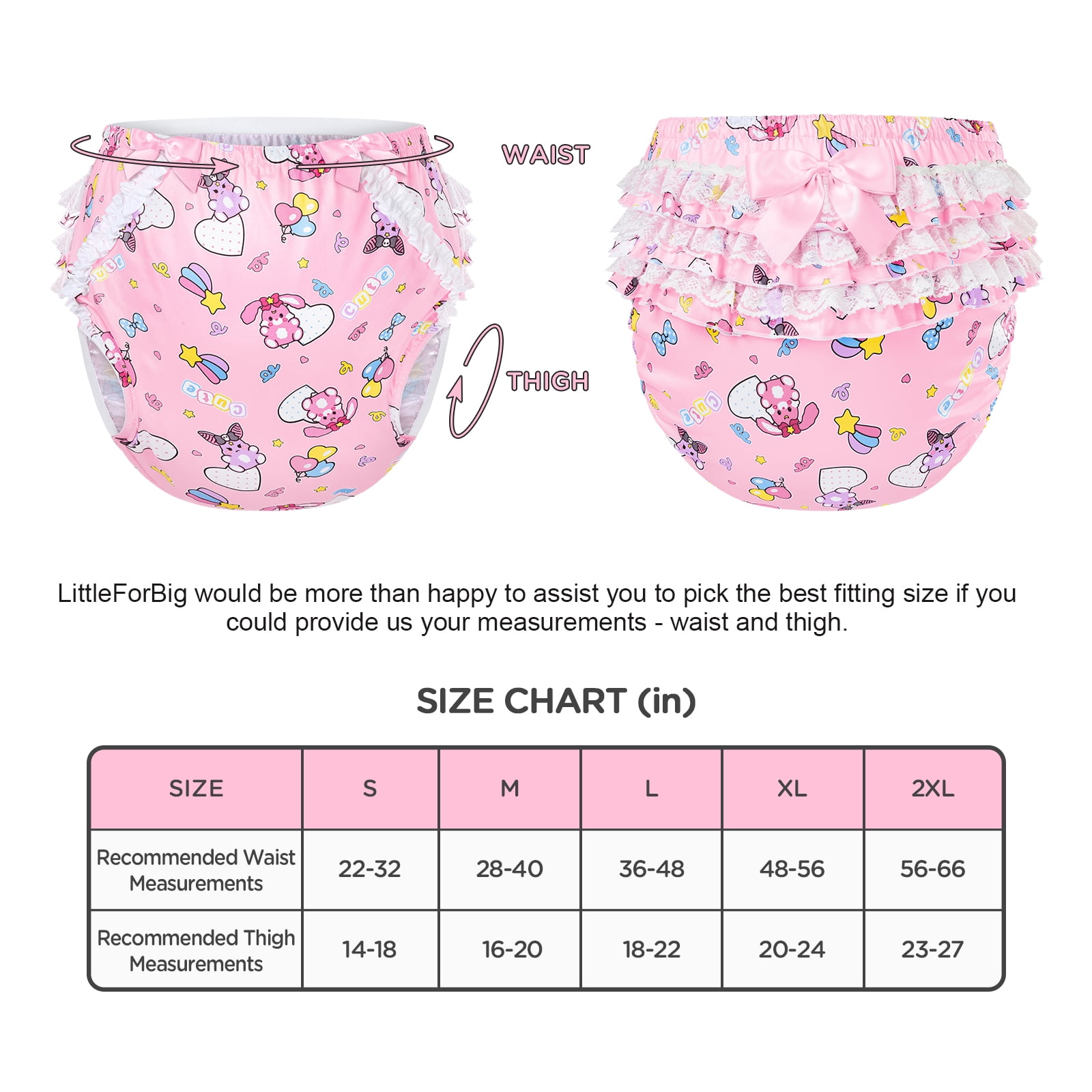 LittleForBig Silky Washable Reusable Waterproof Ruffled Lace Bow Baby Usagi & Bella Pattern Ruffle Adult Diaper Cover S