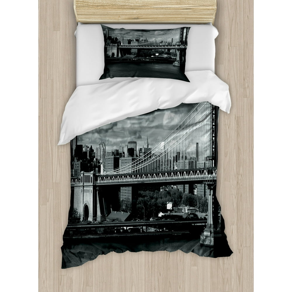New York Duvet Cover Set, Black and White Panorama of New York City
