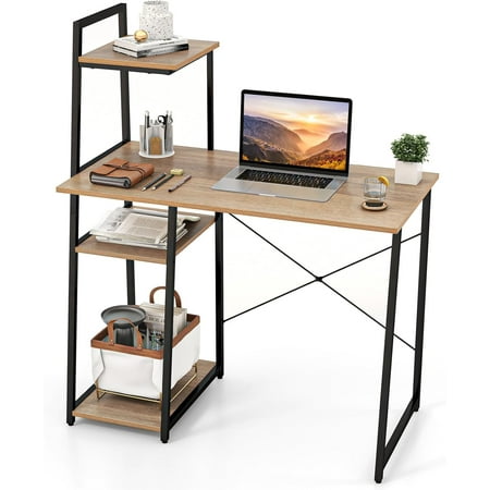 MorandiMal Computer Desk with Shelves, Space Saving Home Office Desk with 3-Tier Ladder Shaped Storage Bookshelf, Modern Writing Study Desk with Metal Frame, Compact Computer Workstation (Natural)