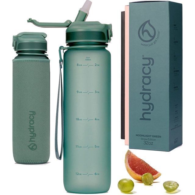 Botella de agua Hydracy con marcador de tiempo y pajita - Botella motivacional grande de 32 onzas sin BPA con tiempos para beber - Sin funda para el sudor - Tapa a prueba de fugas - Ideal para deporte