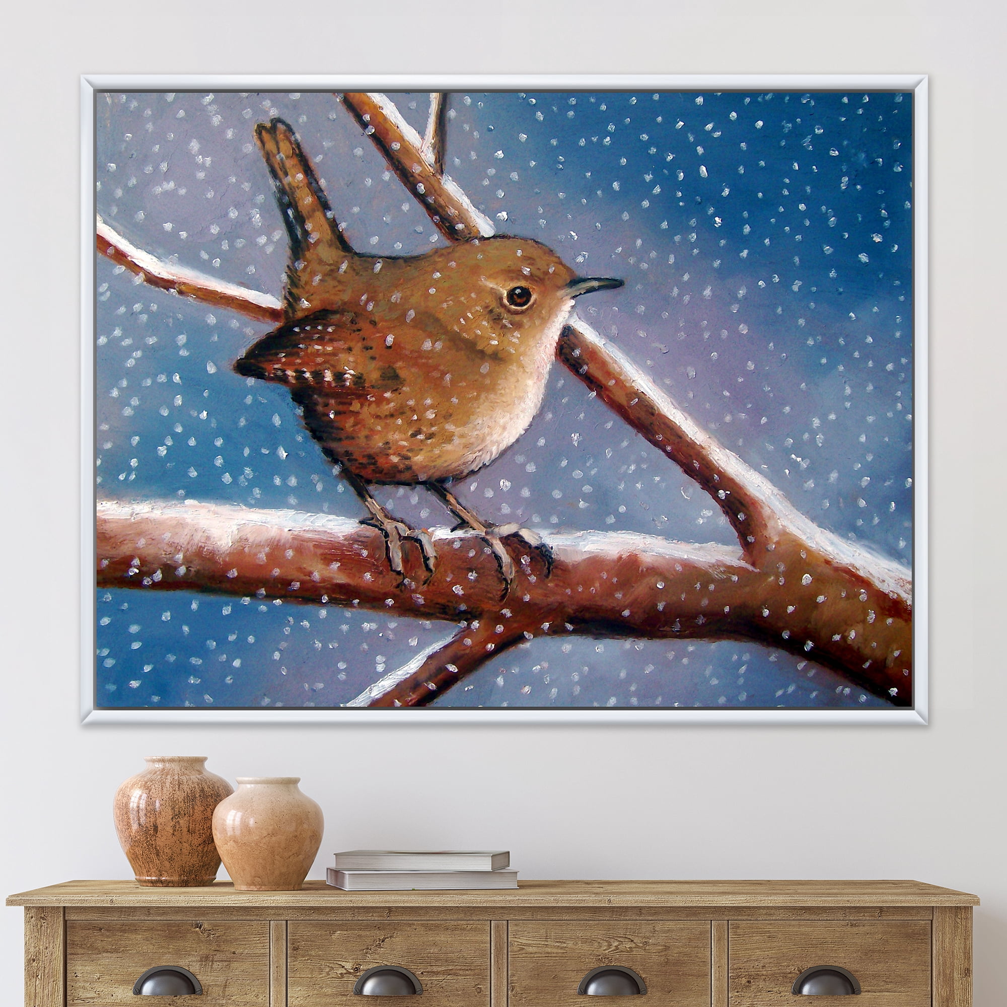 Designart 'Wren Bird On Branch In Winter' Farmhouse Framed Canvas Wall Art Print