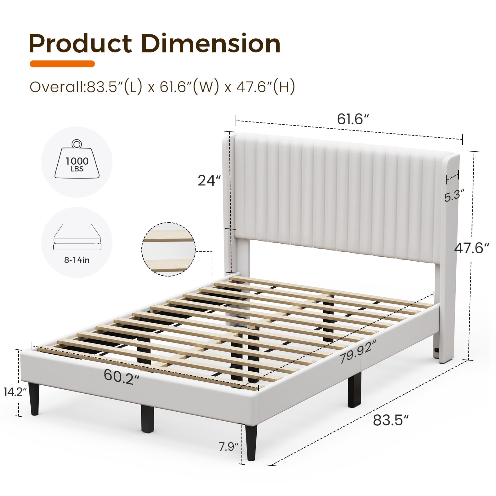 Sofanext Queen Wingback Platform Bed Frame, Tall Velvet Upholstered Headboard, Wood Slat Support, No Box Spring, Noise-Free, Cream White
