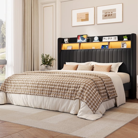 Amolife King Size Bed Frame, Platform Bed with RGB LED Lights & Charging Station, Velvet Wingback Headboard, Easy Assembly, No Box Spring Needed, Black