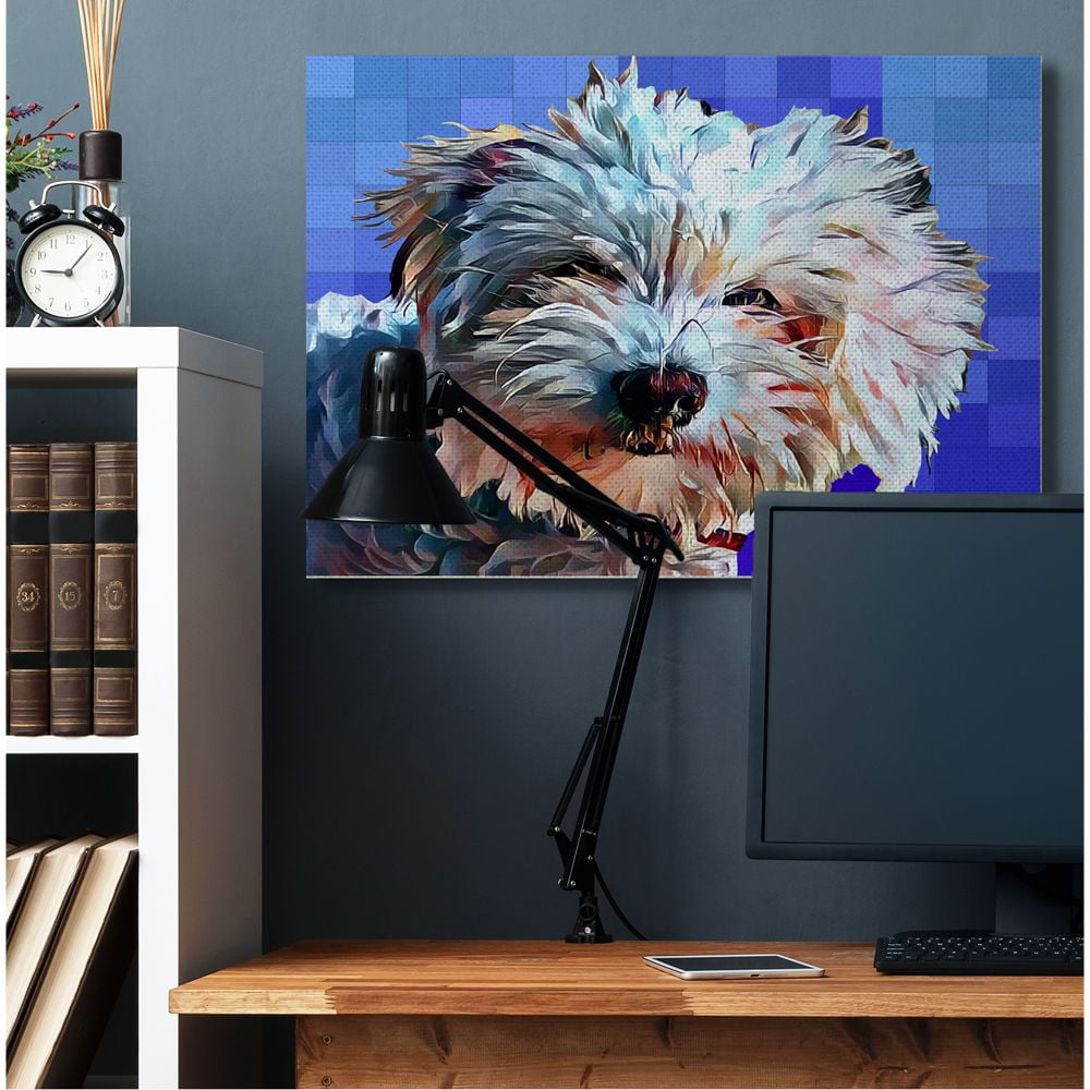 Stupell Industries Colorful Bichon Puppy Over Blue Geometric Pattern Designed by Kim Curinga