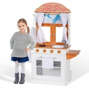 BRINJOY Kids Kitchen Playset, Double-Sided Wooden Play Kitchen for Toddlers w/Oven, Window, Play Food, Apron, Towel, 2 in 1 Realistic Pretend Play Cooking Toy Kitchen Set Gift for Girls Boys Age 3+