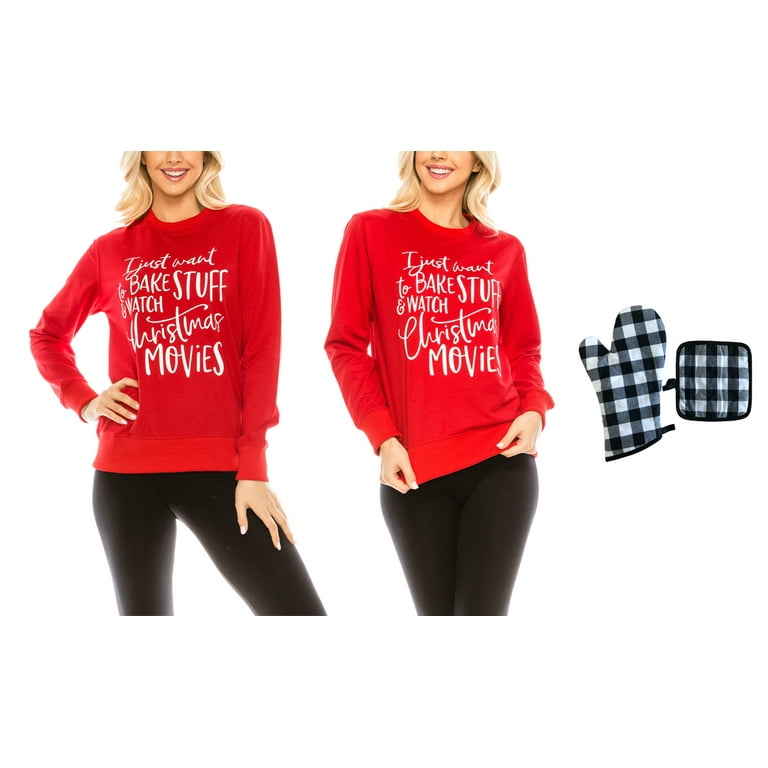 Women's Holiday Christmas Baking Themed Sweatshirt with Bonus Oven Mitt and  Potholder Gift Set