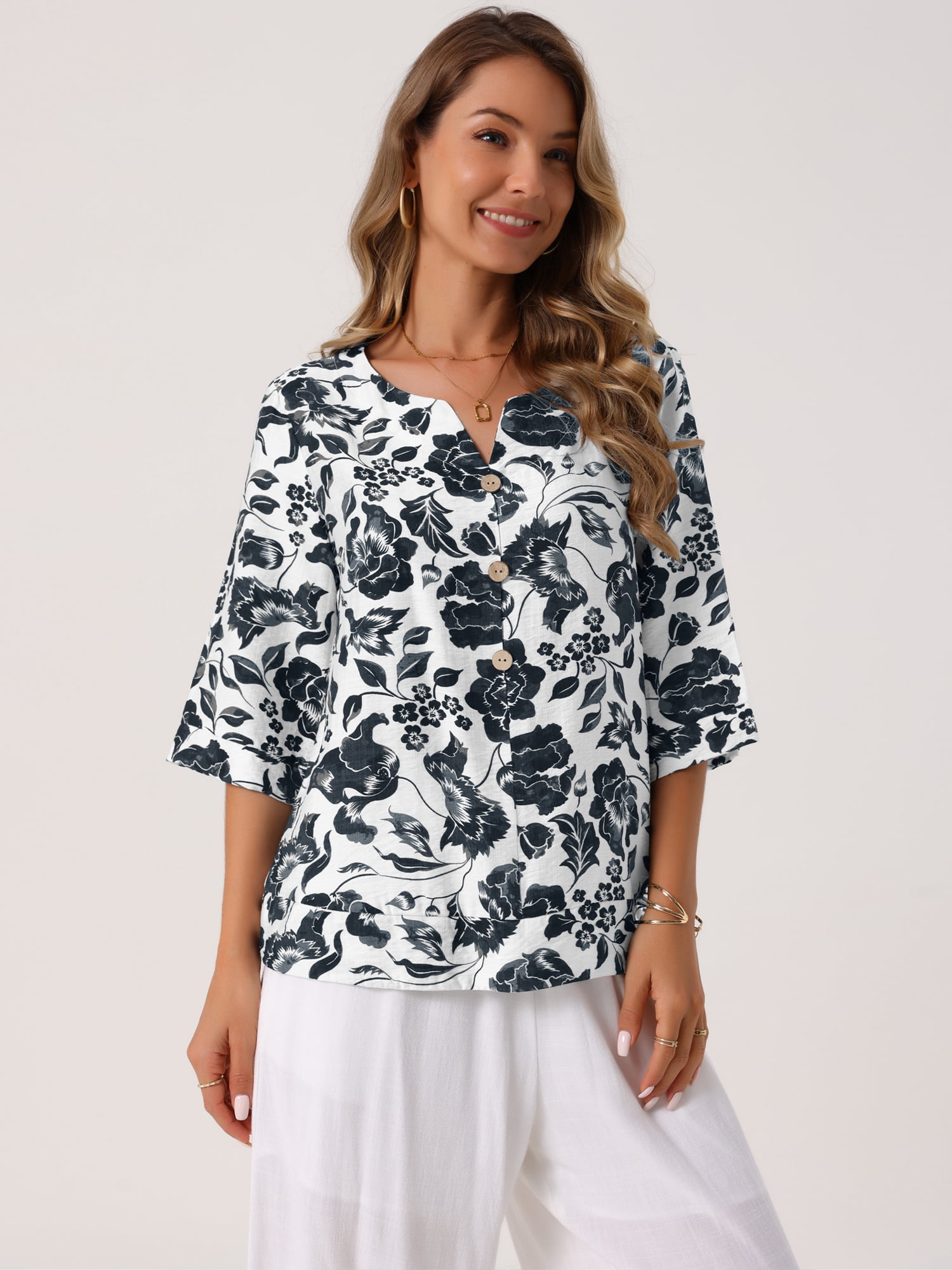 DARING DIVA Women's 3/4 Sleeve V Neck Boho Floral Button Decor Blouses XL Black