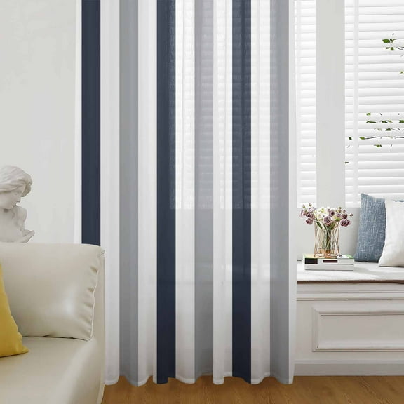 Navy Blue Gray Striped Semi Sheer Curtains Drapes for Living Room, Bedroom, French Doors Window 72 Inches Long, Farmhouse Stripe Art Rod Pocket Chiffon Curtain Drapery Voile Draperies Panel